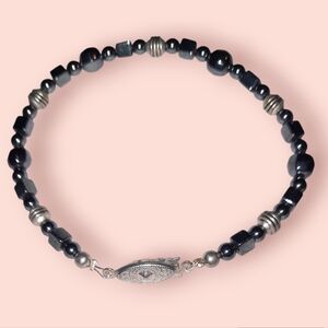 Hematite silvertone beaded bracelet with vintage fish hook clasp